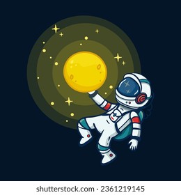 Astronauta de dibujos animados en el espacio, astronauta y luna aislados en fondo negro. Ilustración del vector