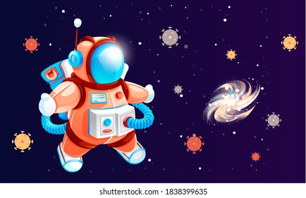 Cartoon astronaut in space signs of a virus or bacteria. Cosmonaut in outer space. Spaceman in a colorful spacesuit and antenna among bright stars on cosmos background. Character of cosmic game