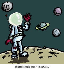 Cartoon astronaut in a space suit. Planets behind