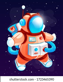 Cartoon astronaut in space vector illustration. Cosmonaut in outer space. Spaceman in a colorful spacesuit and antenna among bright stars on cosmos background. Character of cartoon space game