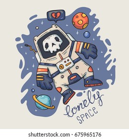 cartoon astronaut in space. vector illustration with character and lettering.