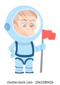 Cartoon astronaut. Spaceman with red flag. Cute character