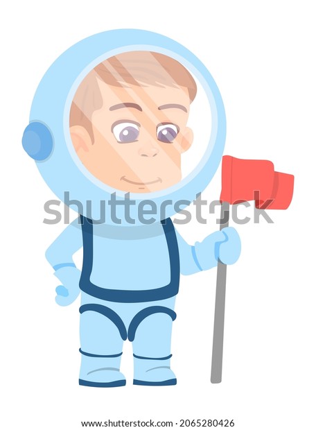 Cartoon
astronaut. Spaceman with red flag. Cute
character