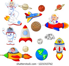 Cartoon astronaut with spaceship collection set