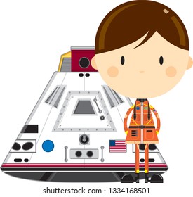 Cartoon Astronaut in Spacesuit with Space Capsule