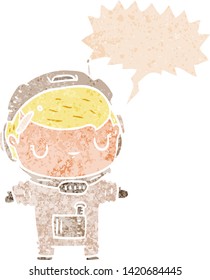 Cartoon-Astronautin mit Sprachblase im brüchigen Retro-Stil