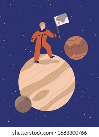 Cartoon astronaut stand on planet hold flag vector graphic illustration. Male cosmonaut in protective suit posing in open space. Colorful spaceman at dark galaxy environment