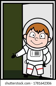 Cartoon Astronaut Standing at door