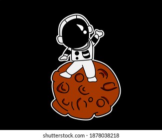 cartoon of an astronaut standing on an asteroid rock.