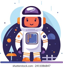 Cartoon astronaut standing on moon surface with space background. Smiling character in space suit exploring cosmos. Childhood dream and space adventure vector illustration.