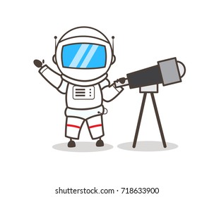Cartoon Astronaut with Telescope Vector Illustration