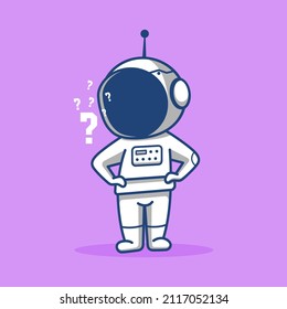 cartoon astronaut is thinking about something, isolated on purple background