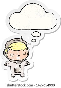 cartoon astronaut with thought bubble as a distressed worn sticker