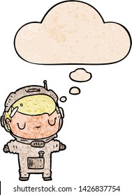 cartoon astronaut with thought bubble in grunge texture style