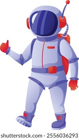 Cartoon astronaut wearing a colorful spacesuit, complete with a red backpack and red gloves, walks confidently while giving a thumbs up, expressing approval and success in space exploration