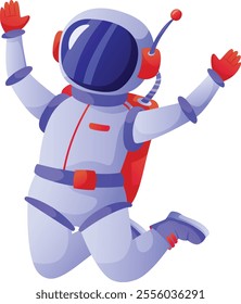 Cartoon astronaut wearing a vibrant spacesuit with red and blue accents, joyfully jumping with arms raised, celebrating a successful mission in the vastness of outer space