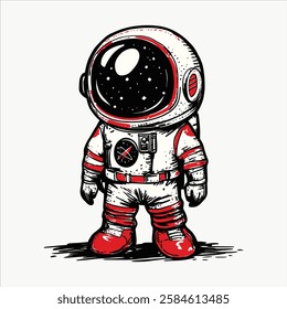 Cartoon astronaut in a white and red spacesuit. Cute astronaut illustration with helmet. Space-themed cartoon character in a spacesuit. Adorable astronaut design. Vector isolated on white.