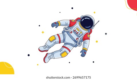 Astronauta de desenhos animados em um traje espacial branco e vermelho flutuando sem peso no espaço sideral, cercado por estrelas minimalistas e formas abstratas.