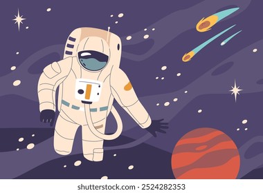 Cartoon Astronaut In A White Spacesuit Drifts Through The Vastness Of Space Surrounded By Stars And Passing Comets