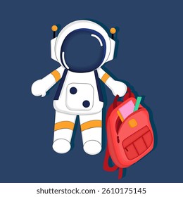 A cartoon astronaut in a white spacesuit with orange details, holding a red backpack with books and a ruler, on a dark blue background. Bright, child-friendly style.