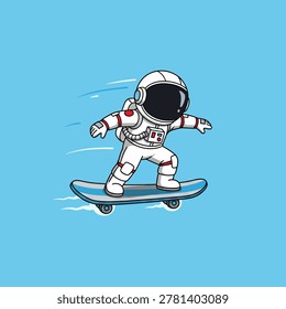 A cartoon astronaut in a white spacesuit skillfully rides a skateboard against a vibrant blue background, conveying a sense of fun and adventure in space.