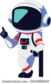 Cartoon astronaut in white suit pointing upward with one hand, expressing an idea or discovery theme for space illustrations or stories.