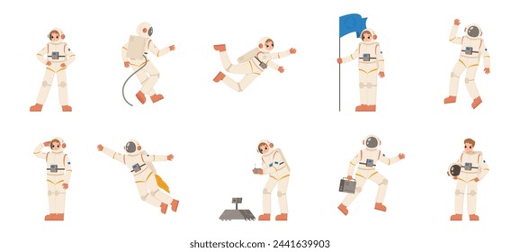 Cartoon astronauts. Cosmonauts wear space suit, holding flag and working with robot. Funny spaceman characters in helmets, snugly vector set