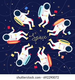 Cartoon astronauts with flags in a circle flying in outer space. Space lettering. Vector illustration