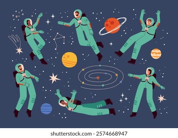 Cartoon astronauts floating in zero gravity. People in spacesuits flying in space, funny cosmos explorers, stars and planets, vector set