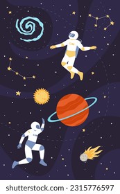 Cartoon astronauts in helmet and spacesuit flying among solar system planets, asteroids and stars. Space explorers travel vertical concept vector illustration.