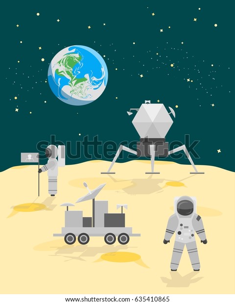 Cartoon Astronauts\
on Moon Surface or Landscape with Flag and Space Ship Flat Style\
Design. Vector\
illustration