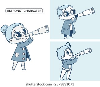 A cartoon astronomer character is holding a telescope. The character is wearing glasses