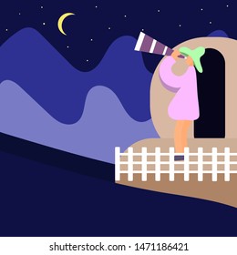 Cartoon astronomer observatory. Astronomy galaxy illustration vector. Solar system. Flat vector character illustration.