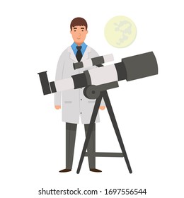 Cartoon astronomer with telescope and moon, character for children. Flat vector illustration