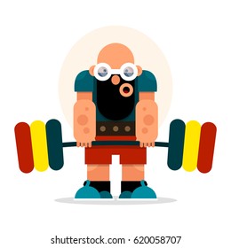 Cartoon athlete with a barbell involved in weightlifting and powerlifting. Vector illustration of a funny character on a white background.