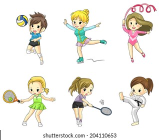 Cartoon athlete children girls icon in action in various type of sports such as volleyball, tennis, badminton, taekwondo, gymnastic and ice skating, create by vector 