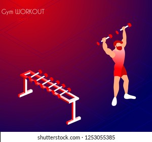 Cartoon athlete training in gym with dumbbell