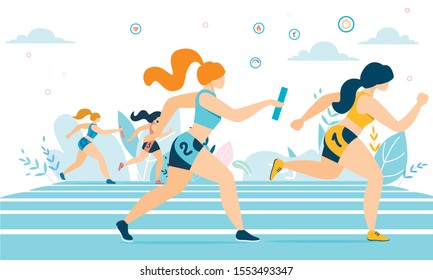 Cartoon Athlete Women Characters in Sportswear Taking Part in Running Race Marathon on Track. Jogging Sports Competition. Outdoor Workout, Exercise. Healthy Active Lifestyle. Vector Flat Illustration