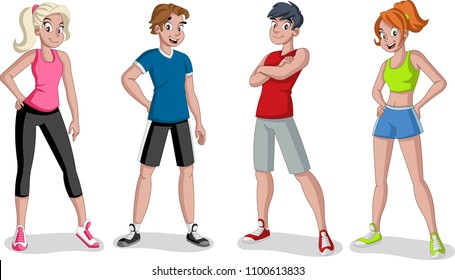 Cartoon athletes. Runner characters wearing sport outfit.