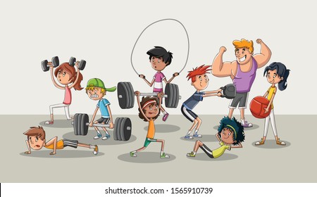 Cartoon athletes training. People working out. Crossfit workout.