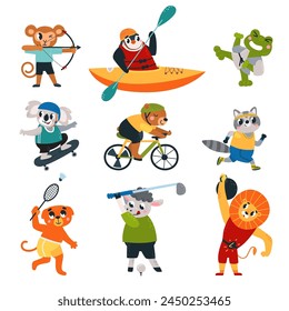 Cartoon athletic animals. Sport animal with equipment and tools. Football, basketball and running. Fitness pilates training, classy vector set