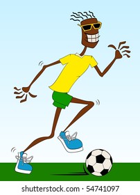 Cartoon athletic man plays football against white background