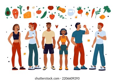 Cartoon athletic people. Diet nutrition. Happy characters. Healthy food. Vegetables and fruits. Toned persons figures. Avocado and salmon. Slim bodies. Fitness eating