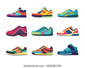 Panadería atlética de caricaturas colección set, paquete de zapatos Fashion Sport, diseño de calzado de fitness zapatillas multicolor de mujer activa caminando o llevando un calzado cómodo, ropa deportiva de moda.