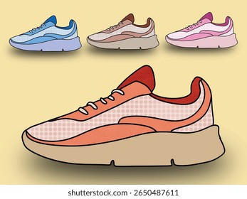 Cartoon athletic sneakers. Sport shoe pair group, fitness footwear design multicolored sneaker of active man woman walking or running comfortable footwear, Footwear Set Vector. Stylish Shoes. For Man 
