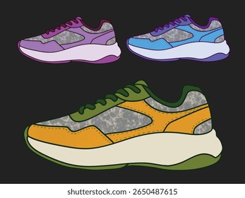 Cartoon athletic sneakers. Sport shoe pair group, fitness footwear design multicolored sneaker of active man woman walking or running comfortable footwear, Footwear Set Vector. Stylish Shoes. For Man 