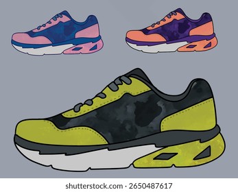 Cartoon athletic sneakers. Sport shoe pair group, fitness footwear design multicolored sneaker of active man woman walking or running comfortable footwear, Footwear Set Vector. Stylish Shoes. For Man 