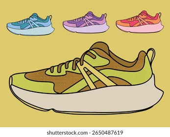 Cartoon athletic sneakers. Sport shoe pair group, fitness footwear design multicolored sneaker of active man woman walking or running comfortable footwear, Footwear Set Vector. Stylish Shoes. For Man 