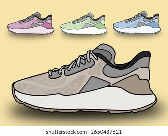 Cartoon athletic sneakers. Sport shoe pair group, fitness footwear design multicolored sneaker of active man woman walking or running comfortable footwear, Footwear Set Vector. Stylish Shoes. For Man 