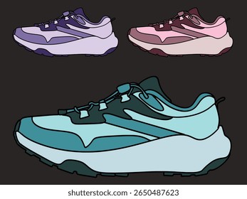 Cartoon athletic sneakers. Sport shoe pair group, fitness footwear design multicolored sneaker of active man woman walking or running comfortable footwear, Footwear Set Vector. Stylish Shoes. For Man 